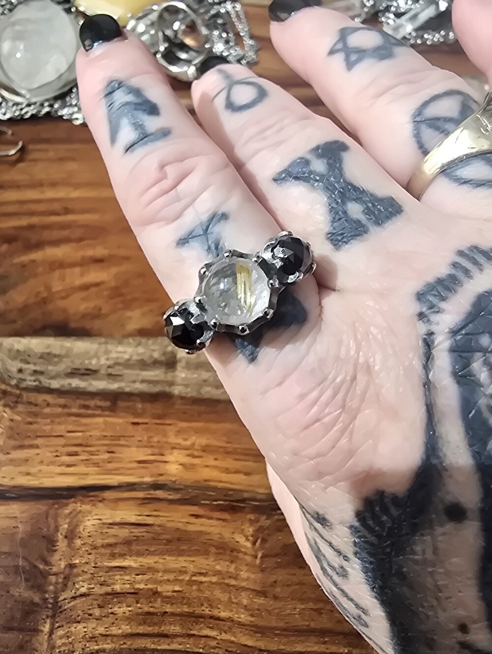 Evil Pawn Jewelry 3-stone Persephone Ring In Gold Rutile And Obsidian